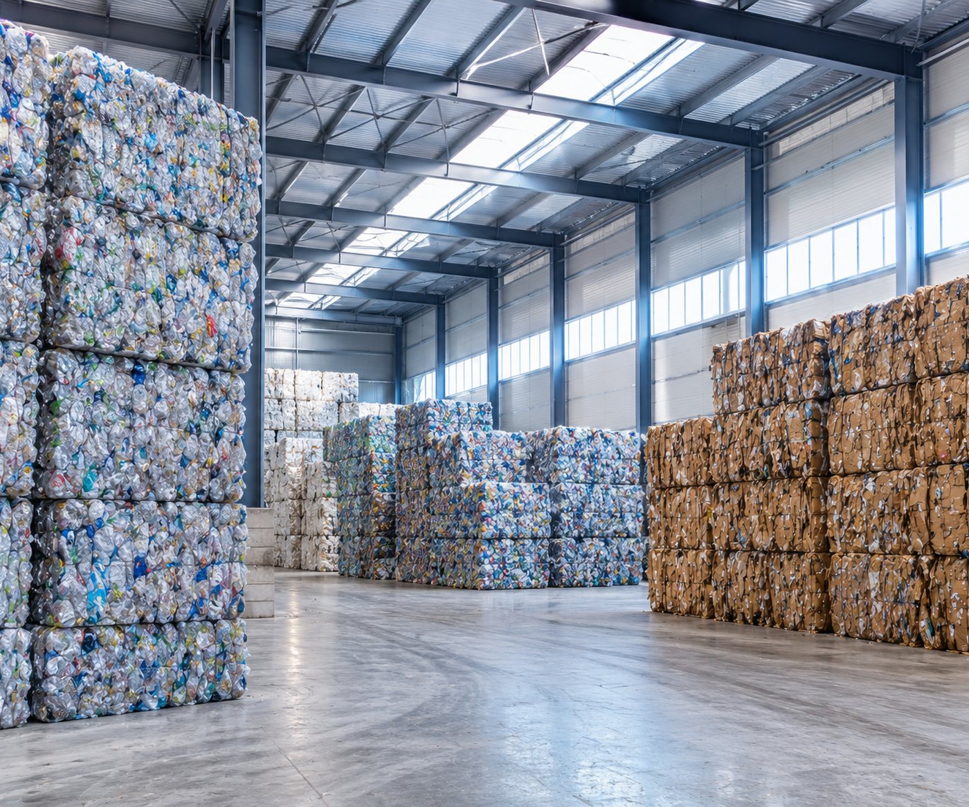 Nave de una planta de reciclaje con balas de plástico y cartón prensado, actividad considerada riesgo de difícil aseguramiento