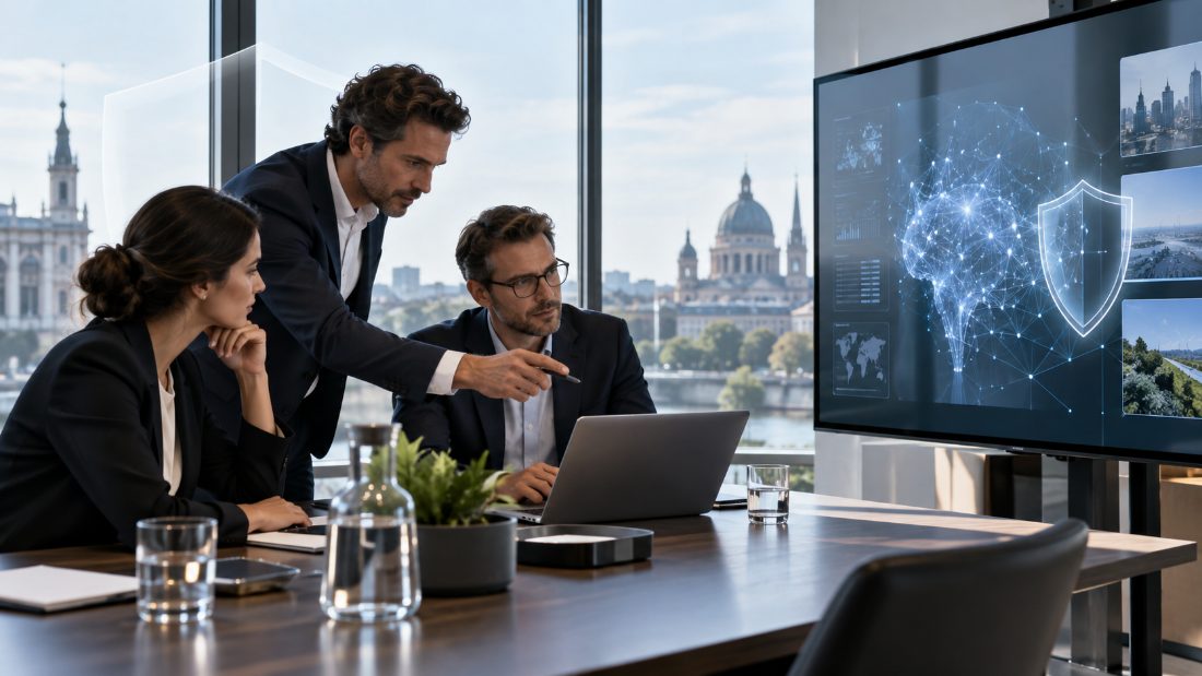Equipo de una consultora tecnológica revisando el despliegue de un sistema de inteligencia artificial para un cliente