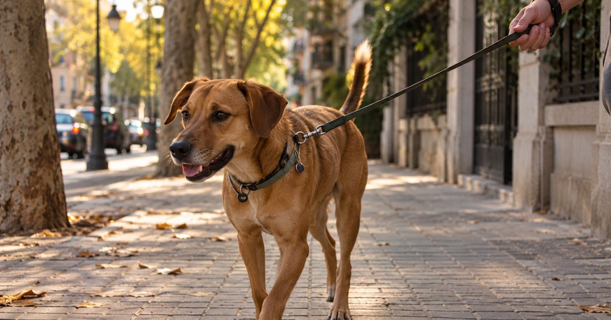 Perro paseando con correa por una acera, situación en la que responde el seguro de responsabilidad civil del dueño