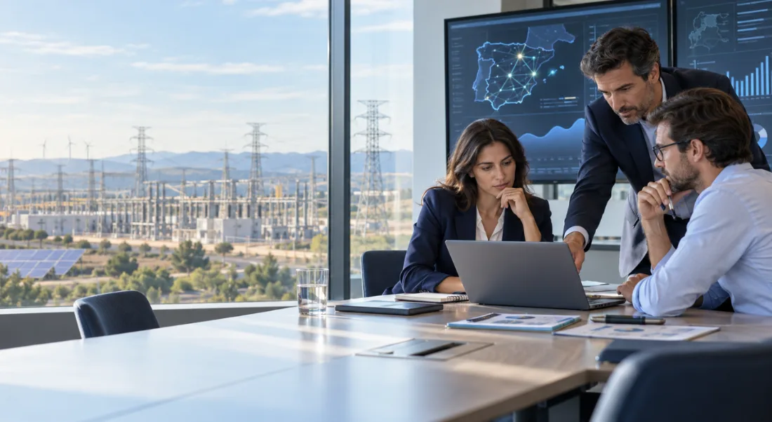 Equipo de una comercializadora eléctrica reunido ante un mapa de la red de España, con una subestación y torres de alta tensión al otro lado de la ventana